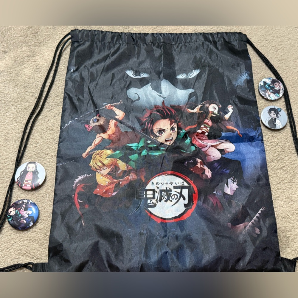 Demon Slayer Anime Drawstring Backpack with Character Pins/Buttons